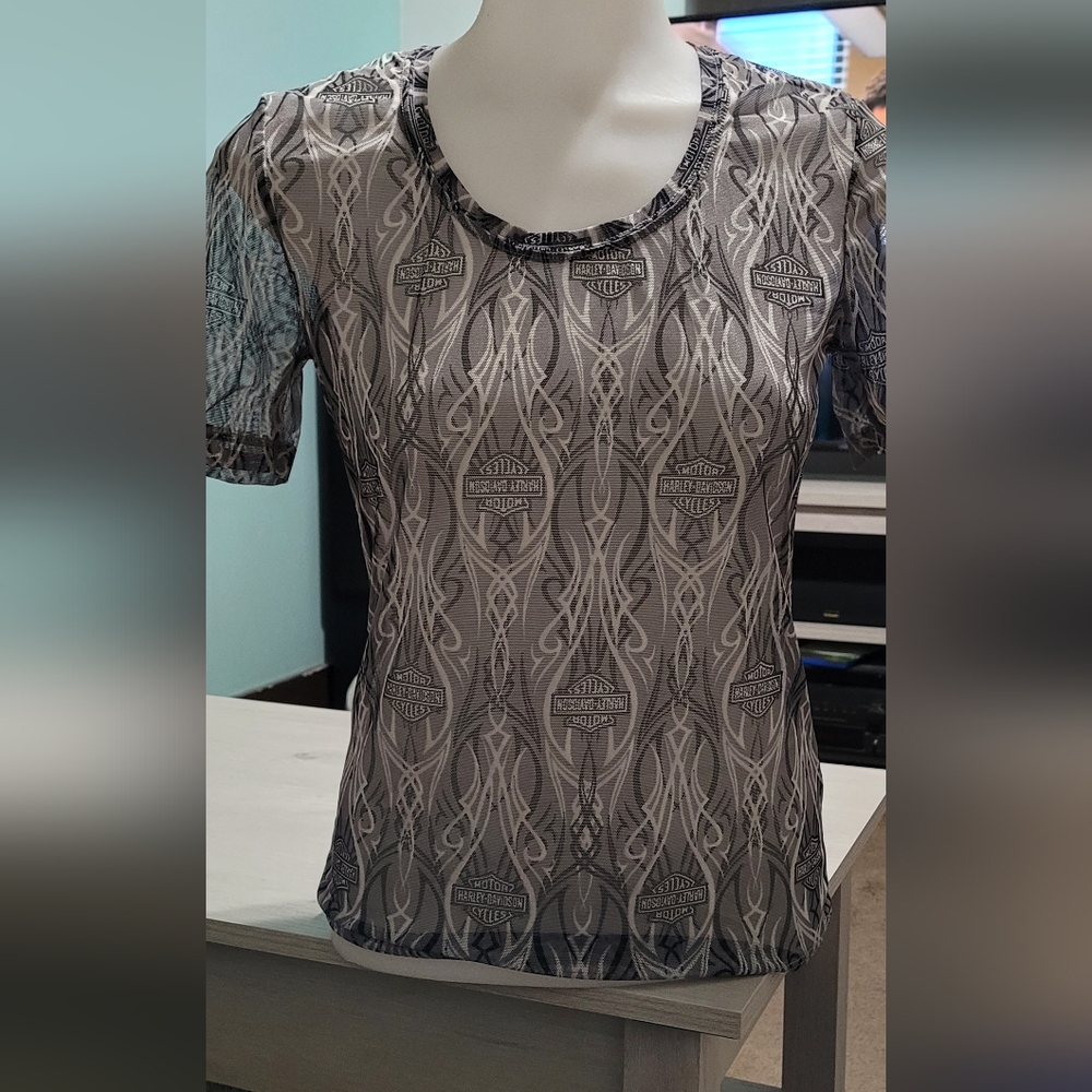 Harley Davidson Elegant Black and Gray Patterned Women's Sheer Top